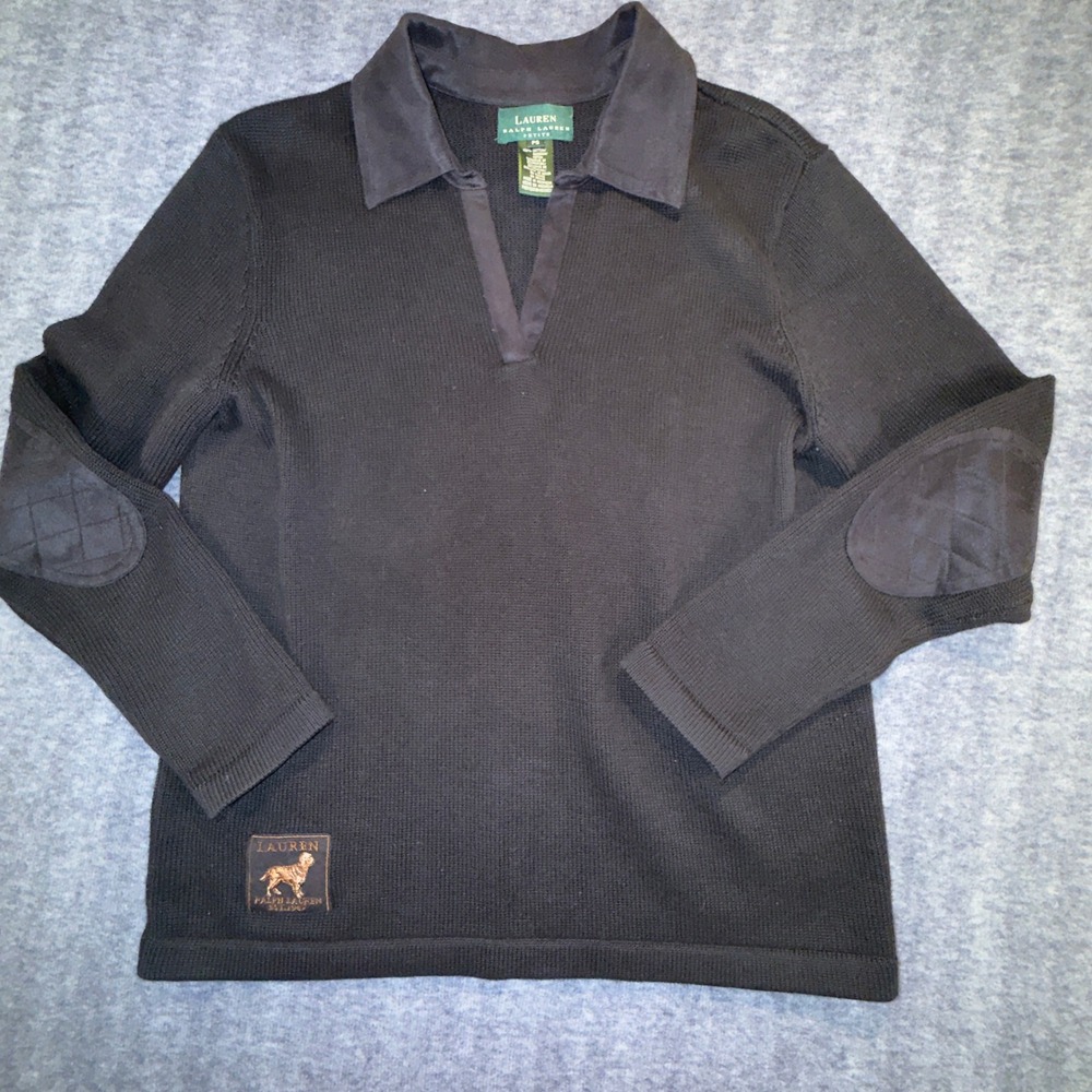Lauren Ralph Lauren Vintage Black Cotton Sweater Dog Elbow Patches V Neck PS